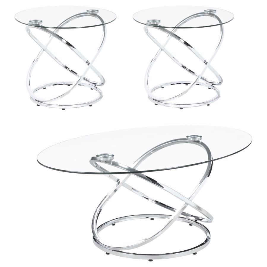 Warren - 3 Piece Oval Glass Top Coffee Table Set - Chrome Table Sets by CoasterEssence - Walls Furniture & Mattress