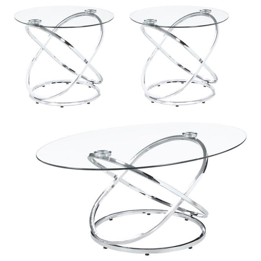 Warren - 3 Piece Oval Glass Top Coffee Table Set - Chrome Table Sets by CoasterEssence - Walls Furniture & Mattress