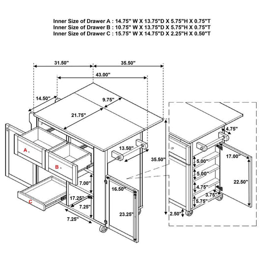 Jalen - 3 Door Mobile Kitchen Cart - Natural Brown And White Carts by CoasterEssence - Walls Furniture & Mattress