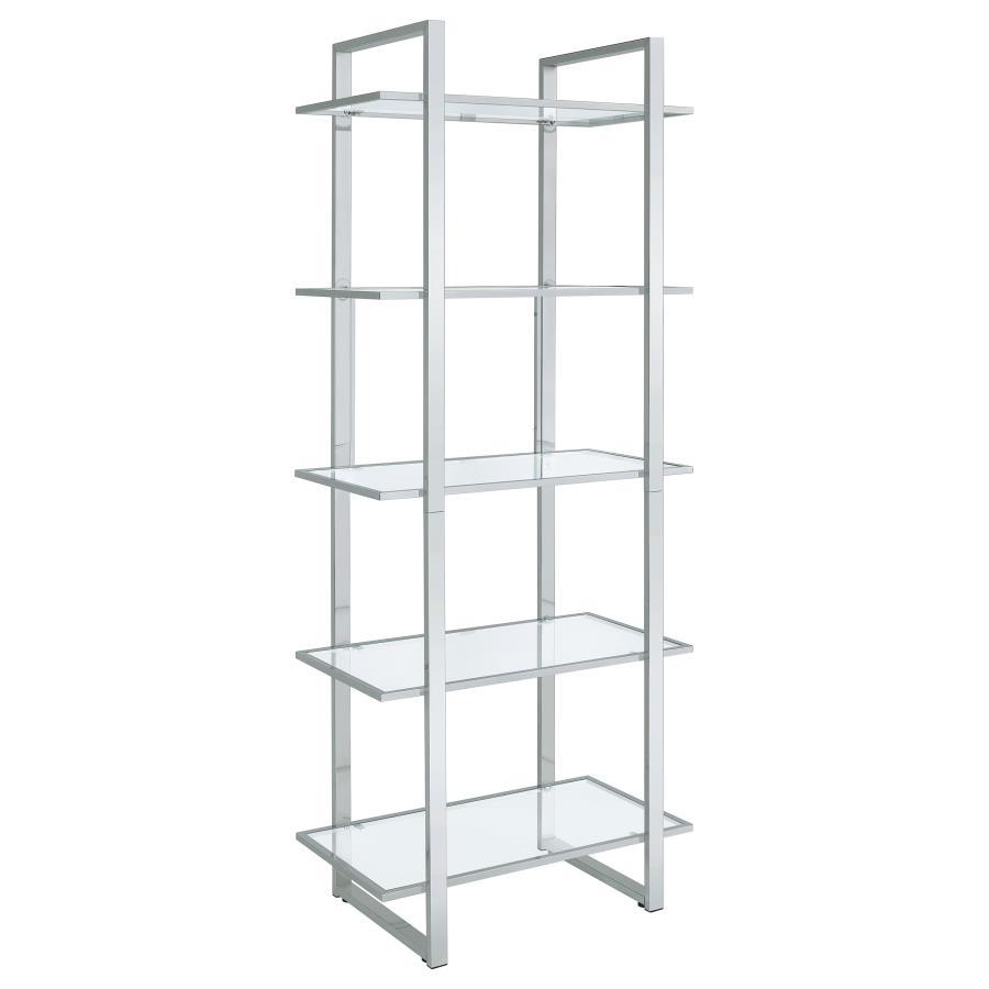 Hartford - 5 - Shelf Glass Bookshelf - Chrome Standard Bookcases by CoasterEssence - Walls Furniture & Mattress