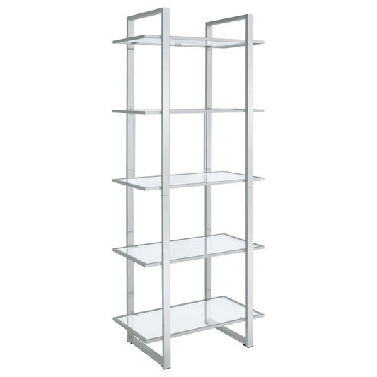 Hartford - 5 - Shelf Glass Bookshelf - Chrome Standard Bookcases by CoasterEssence - Walls Furniture & Mattress