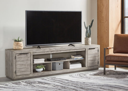 Naydell - 92" TV Stand with Wide Fireplace Insert - Gray Fireplace TV Stands by Signature Design by Ashley® - Walls Furniture & Mattress