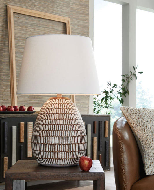 Darrich - Metal Table Lamp - Beige / White Table Lamps by Signature Design by Ashley® - Walls Furniture & Mattress
