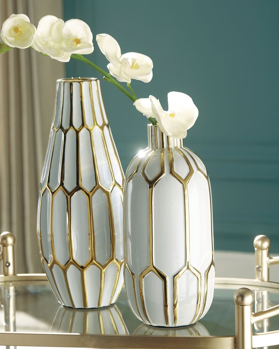 Mohsen - Vase Set (Set of 2) - Gold Finish / White Vases & Jars by Signature Design by Ashley® - Walls Furniture & Mattress
