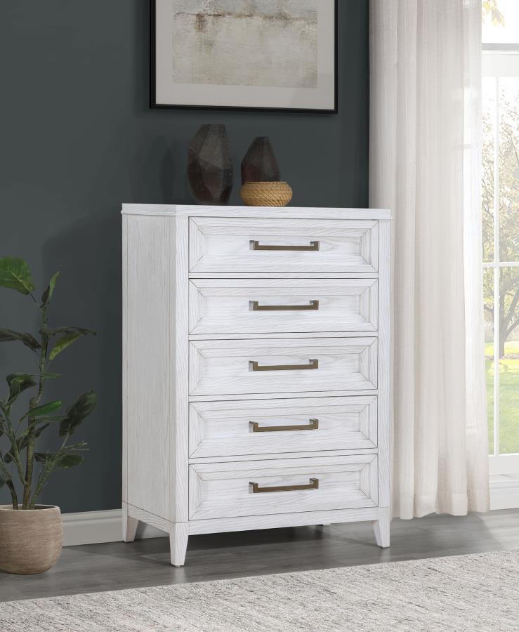 Marielle - 5 - Drawer Bedroom Chest - Distressed White Accent Chests by CoasterEveryday - Walls Furniture & Mattress