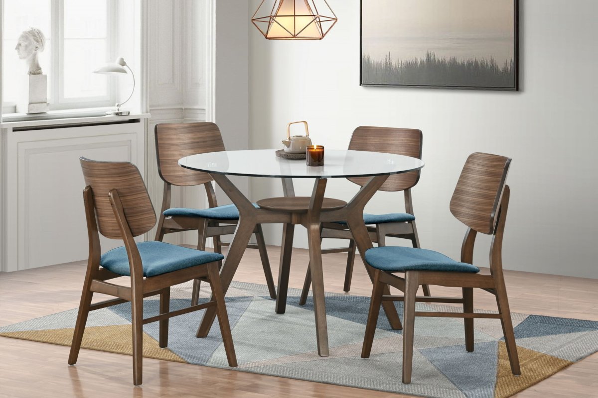 Oscar - Round Glass Table With 4 Teal Cushion Chairs - Brown 5 Piece Dining Room Sets by New Classic - Walls Furniture & Mattress