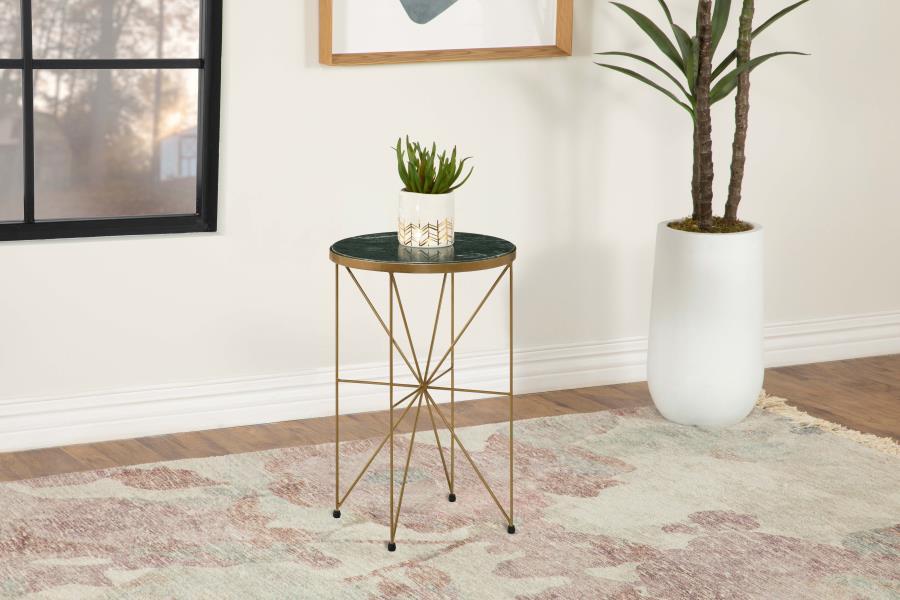 Eliska - Round Green Marble Top Accent Side Table - Antique Gold Side Tables by CoasterEssence - Walls Furniture & Mattress