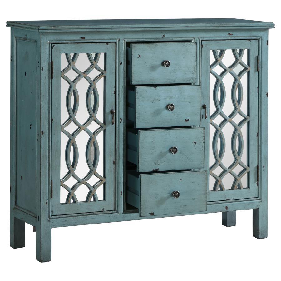 Rue - 4 - Drawer Wood Trellis Accent Storage Cabinet - Blue Accent Cabinets by CoasterEveryday - Walls Furniture & Mattress