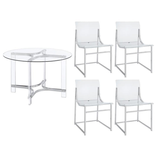 Keeling - 5 Piece Round Glass Top Acrylic Dining Set - Chrome 5 Piece Dining Room Sets by Coaster Fine Furniture - Walls Furniture & Mattress