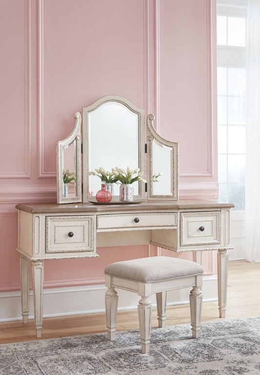 Realyn - Vanity/Mirror/Stool (Set of 3) - White / Brown / Beige Vanity Sets by Signature Design by Ashley® - Walls Furniture & Mattress