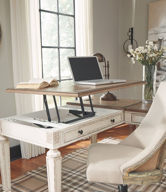 Realyn - L Shaped Desk With Lift Top - White / Brown Lift Top Desks by Signature Design by Ashley® - Walls Furniture & Mattress