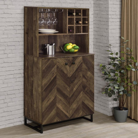 Mendoza - 2 Door Home Bar Cabinet Wine Storage - Rustic Oak Wine Cabinets by CoasterEveryday - Walls Furniture & Mattress