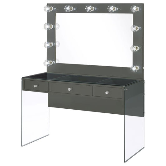 Afshan - 3 - Drawer Vanity Set With Lighting - Gray High Gloss Vanity Sets by CoasterEssence - Walls Furniture & Mattress