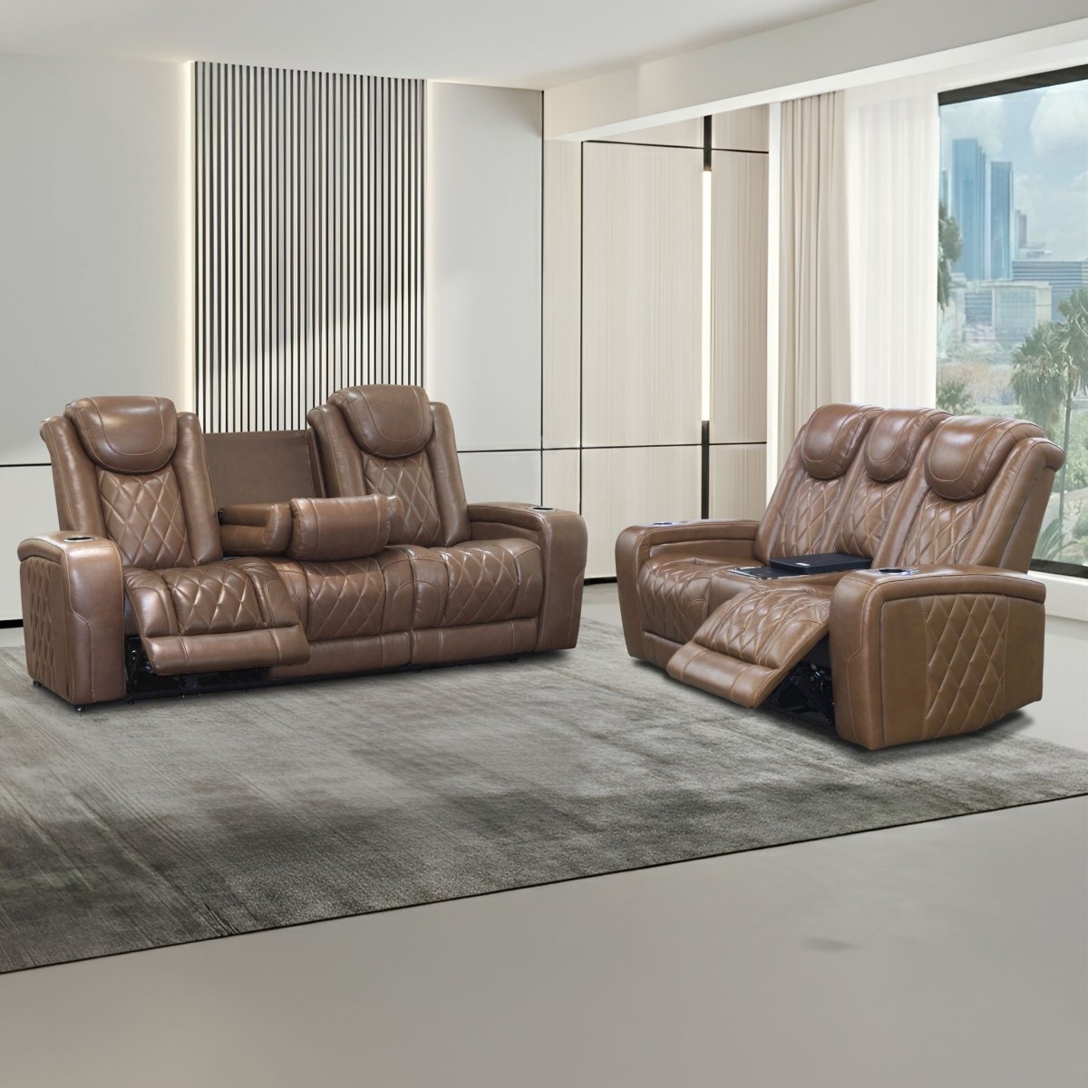 Dorian - 2 Piece P2 Sofa/Loveseat With Power Headrest, Footrest & Cooler - Dark Brown Reclining Sofas & Loveseats by New Classic - Walls Furniture & Mattress