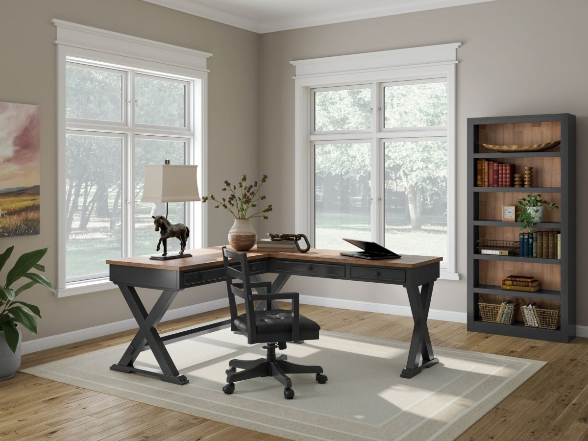 Wildenauer - Brown / Black - 4 Pc. - Home Office Desk And Return, Swivel Desk Chair, Bookcase 4 Piece Home Office Sets by Signature Design by Ashley® - Walls Furniture & Mattress