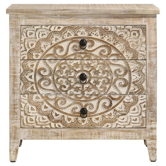 Mariska - 3 - Drawer Wood Mandala Cabinet - Distressed White Accent Cabinets by Coaster Fine Furniture - Walls Furniture & Mattress