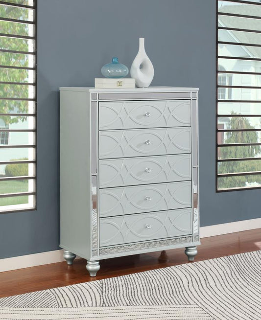 Gunnison - 5 - Drawer Bedroom Chest - Silver Metallic Accent Chests by CoasterEssence - Walls Furniture & Mattress