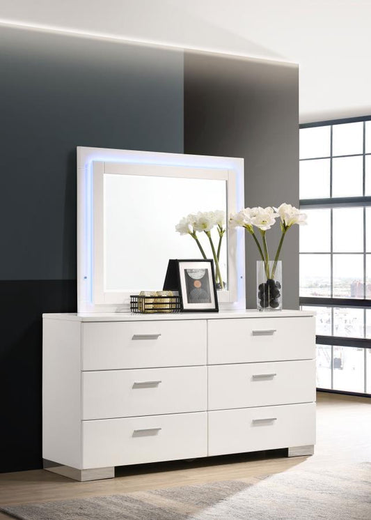 Felicity - 6 - Drawer Dresser With LED Mirror - White High Gloss Dresser & Mirror by CoasterEssence - Walls Furniture & Mattress