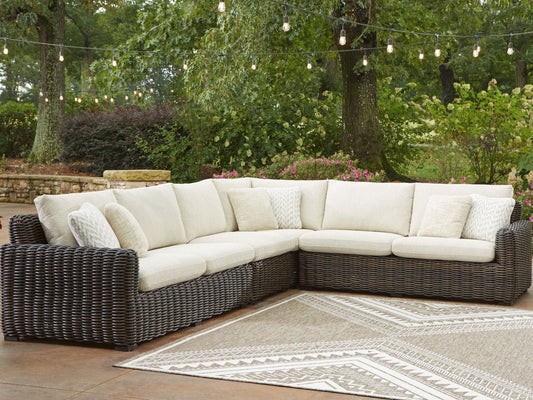 Kimora - 7 Pc. - 4 - Piece Outdoor Sectional, Swivel Glider Lounge, Cocktail Table, End Table - Beige / Dark Brown 7 Piece Outdoor Sets by Signature Design by Ashley® - Walls Furniture & Mattress