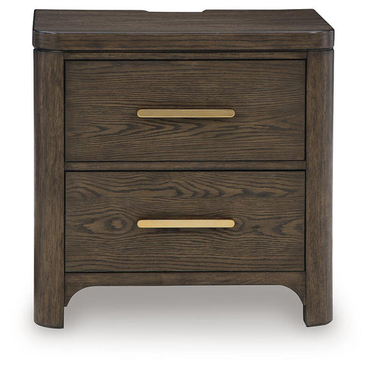 Radkin - Two Drawer Night Stand - Burnished Brown Nightstands w/ Charging Stations by Signature Design by Ashley® - Walls Furniture & Mattress