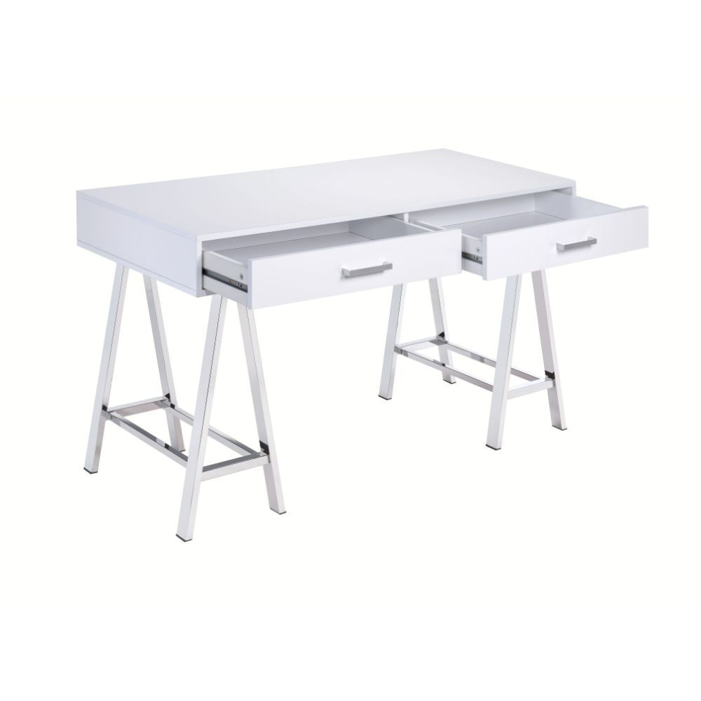 Coleen - Desk - White High Gloss & Chrome Writing Desks by ACME - Walls Furniture & Mattress