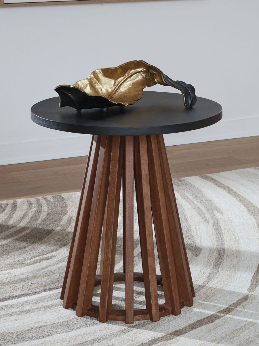 Kallari - Warm Brown / Black - Round End Table End Tables by Signature Design by Ashley® - Walls Furniture & Mattress