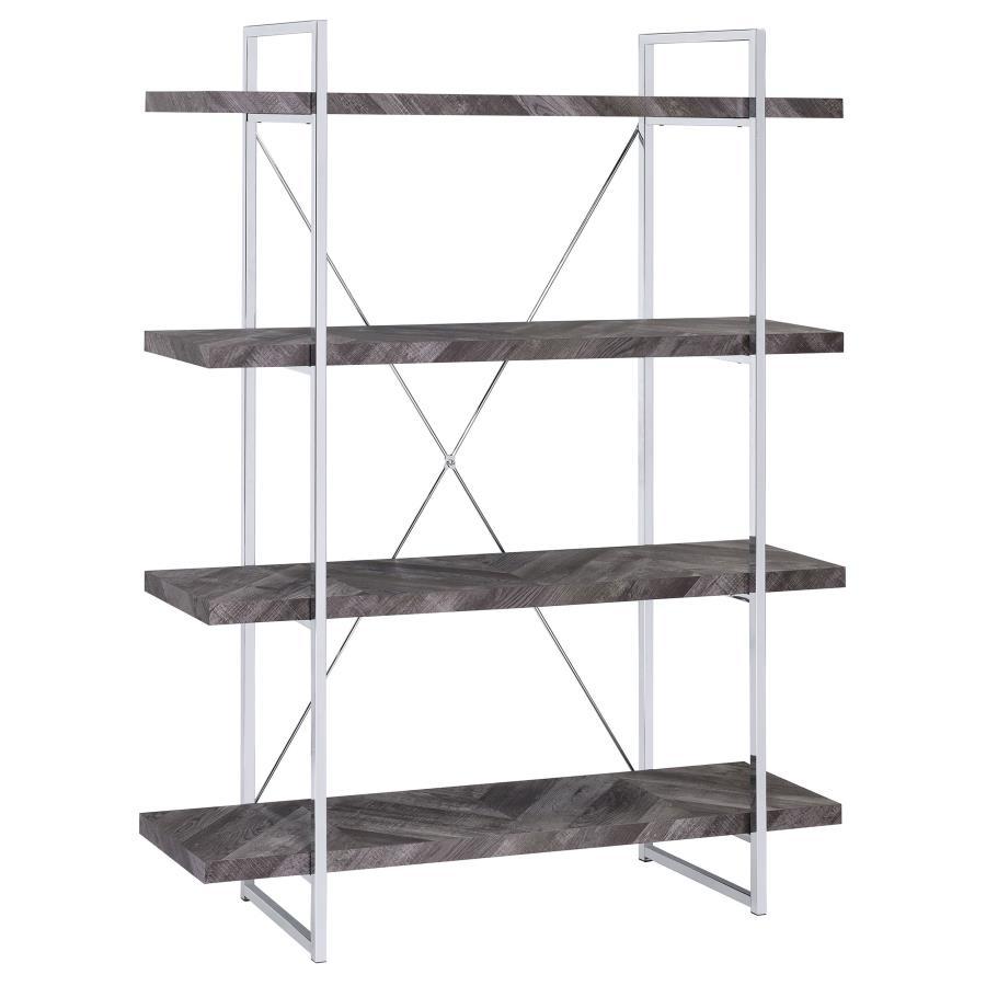 Grimma - 4 - Shelf Bookshelf - Rustic Gray And Chrome Standard Bookcases by CoasterEssence - Walls Furniture & Mattress
