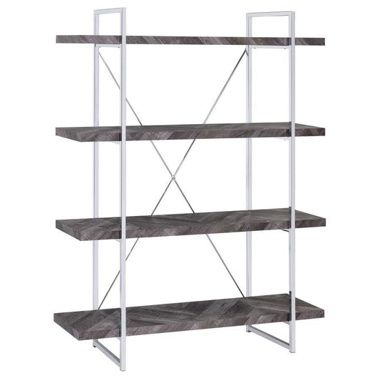 Grimma - 4 - Shelf Bookshelf - Rustic Gray And Chrome Standard Bookcases by CoasterEssence - Walls Furniture & Mattress