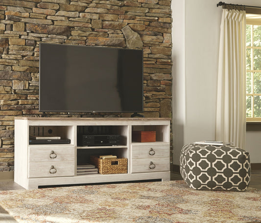 Willowton - 2 Pc. - 64" TV Stand with Faux Firebrick Fireplace Insert - Whitewash Fireplace TV Stands by Signature Design by Ashley® - Walls Furniture & Mattress