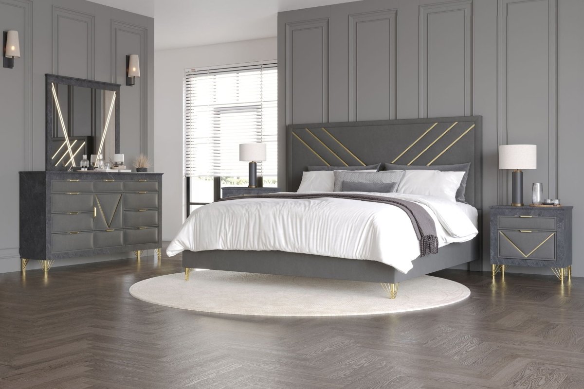 Symmetry - 6/6 Eastern King 5 Piece Bedroom Set (Bed, Dresser, Mirror, 2 Nightstands) - Gray 5 Piece Bedroom Sets by New Classic - Walls Furniture & Mattress