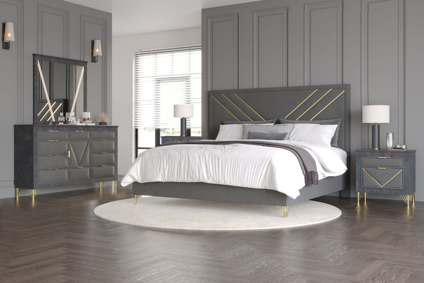 Symmetry - 6/6 Eastern King 5 Piece Bedroom Set (Bed, Dresser, Mirror, 2 Nightstands) - Gray