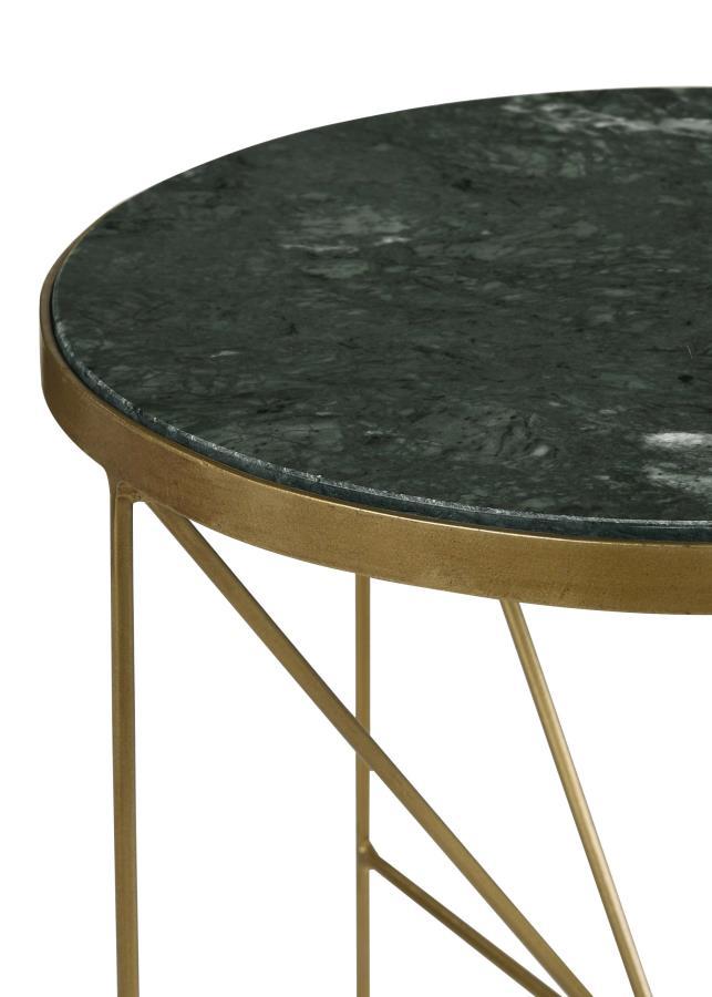 Eliska - Round Green Marble Top Accent Side Table - Antique Gold Side Tables by CoasterEssence - Walls Furniture & Mattress
