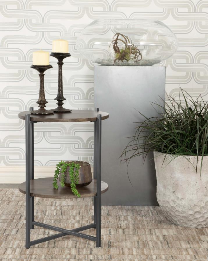 Axel - Round Accent Table With Open Shelf - Natural And Gunmetal Accent Tables by CoasterEssence - Walls Furniture & Mattress