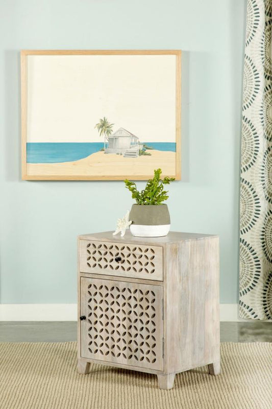 August - 1 - Drawer Trellis Pattern Storage Cabinet - White Washed Accent Cabinets by CoasterEssence - Walls Furniture & Mattress