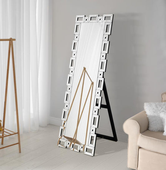 Tavin - Geometric Frame Standing Mirror - Silver Floor Mirrors by CoasterEssence - Walls Furniture & Mattress