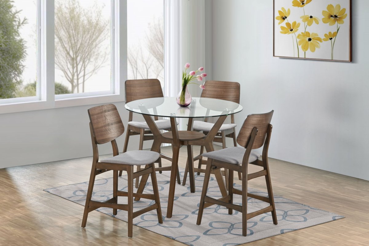 Oscar - Round Glass Counter Table With 4 Gray Cushion Chairs - Brown / Gray 5 Piece Dining Room Sets by New Classic - Walls Furniture & Mattress