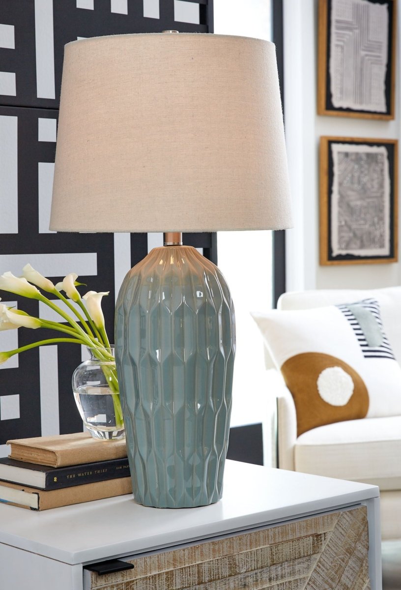 Hadbury - Ceramic Table Lamp (Set of 2) - Pale Blue / Teal Table Lamps by Signature Design by Ashley® - Walls Furniture & Mattress