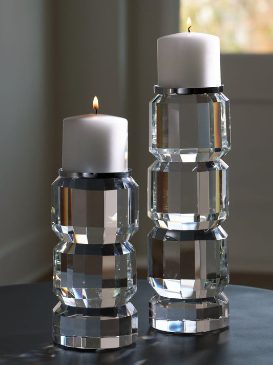 Brentley - Candle Holder Set (Set of 2) - Clear / Silver Finish Candles & Holders by Signature Design by Ashley® - Walls Furniture & Mattress