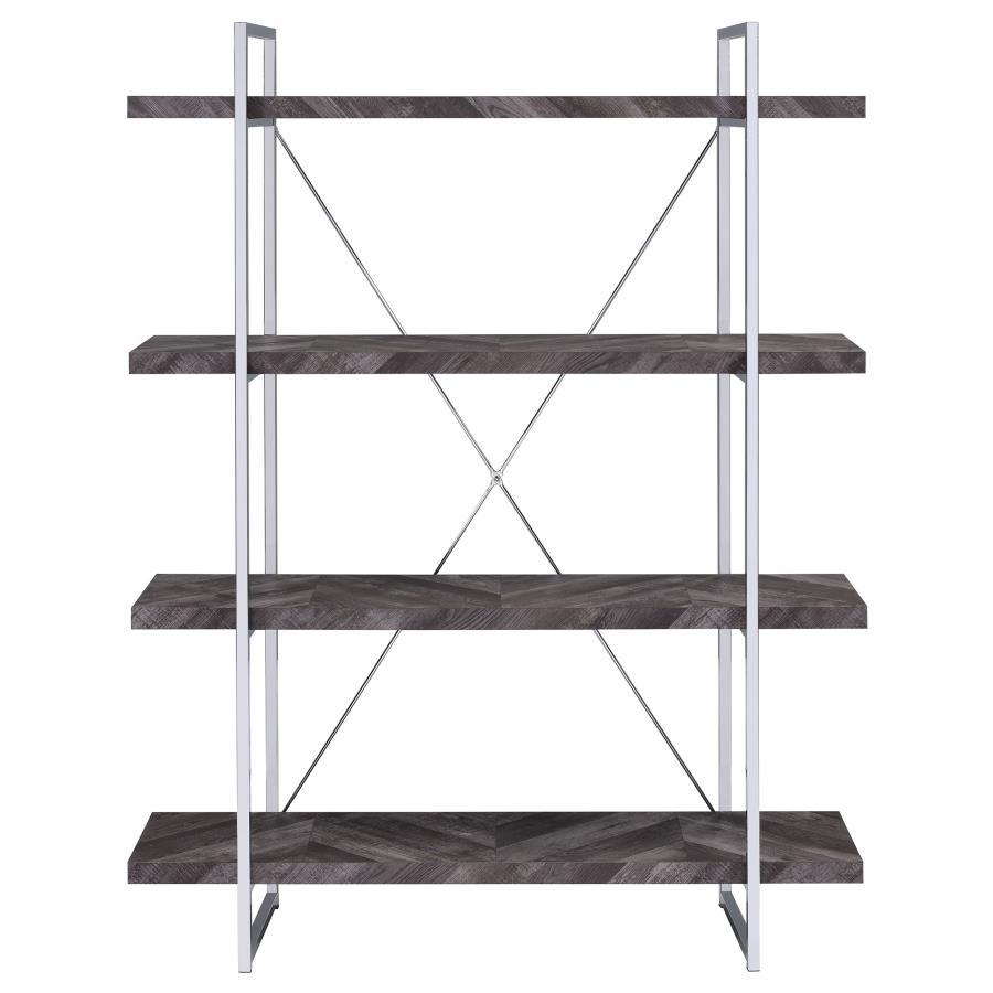 Grimma - 4 - Shelf Bookshelf - Rustic Gray And Chrome Standard Bookcases by CoasterEssence - Walls Furniture & Mattress