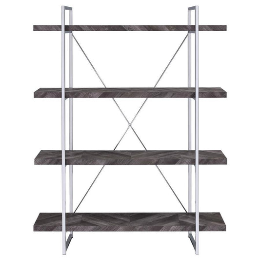 Grimma - 4 - Shelf Bookshelf - Rustic Gray And Chrome Standard Bookcases by CoasterEssence - Walls Furniture & Mattress