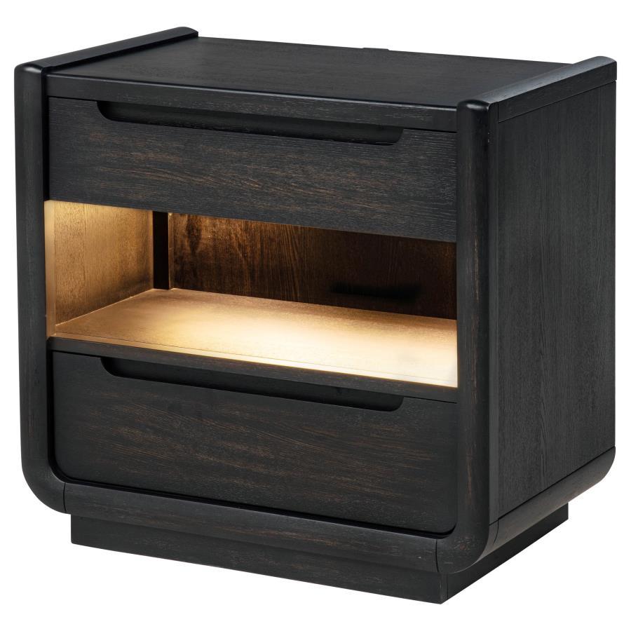 Leandro - 2 - Drawer LED Nightstand With USB - Burnished Black Nightstands w/ Charging Stations by Coaster Fine Furniture - Walls Furniture & Mattress