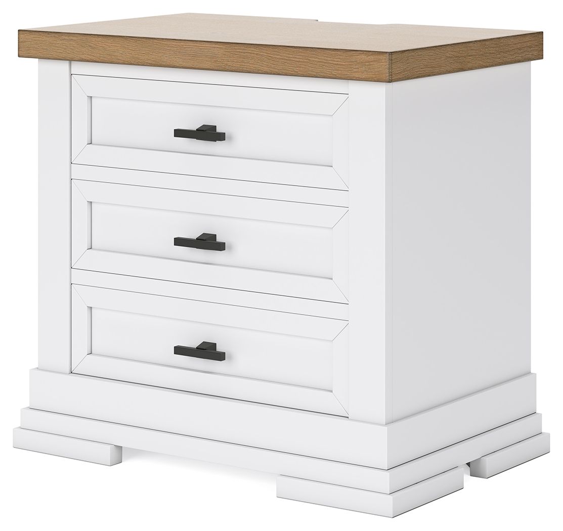 Ashbryn - Three Drawer Night Stand - White / Natural Nightstands w/ Charging Stations by Benchcraft® - Walls Furniture & Mattress