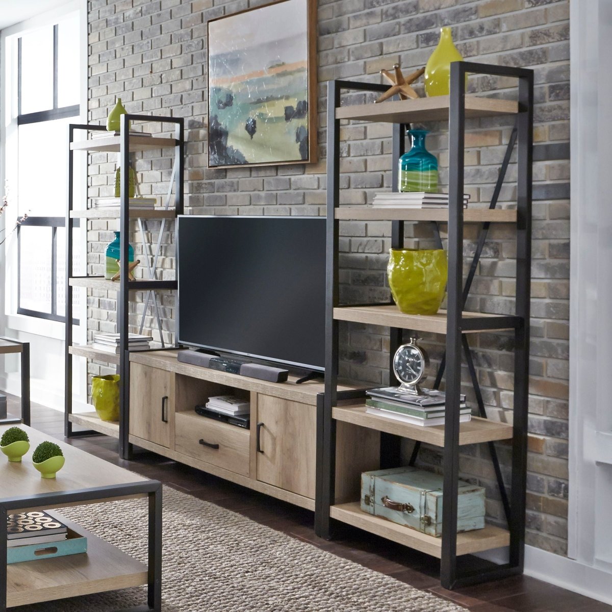 Sun Valley - Entertainment Center With Piers (Metal Side Drawers) - Light Brown Entertainment Centers by Liberty Furniture - Walls Furniture & Mattress