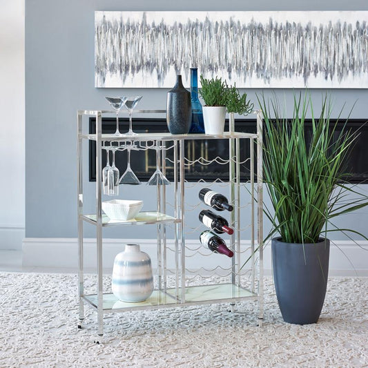 Derion - 3 - Tier Rectangular Glass Shelf Metal Bar Cart - Chrome Bar Carts by CoasterEssence - Walls Furniture & Mattress