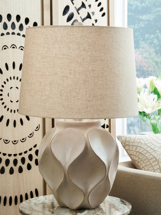 Edselham - Distressed Cream - Paper Table Lamp Table Lamps by Signature Design by Ashley® - Walls Furniture & Mattress