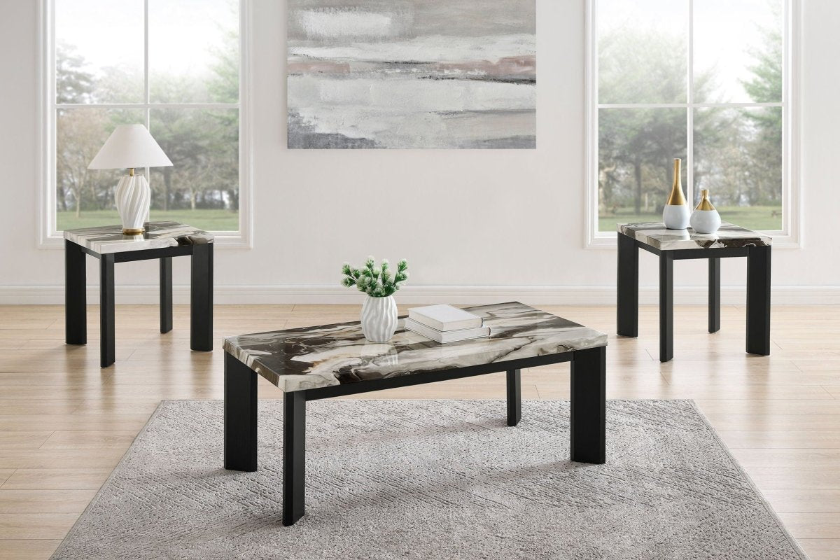 Strata - Faux Marble 3 Piece Occasional Set (1 Coffee & 2 End Tables) - Black / White Table Sets by New Classic - Walls Furniture & Mattress