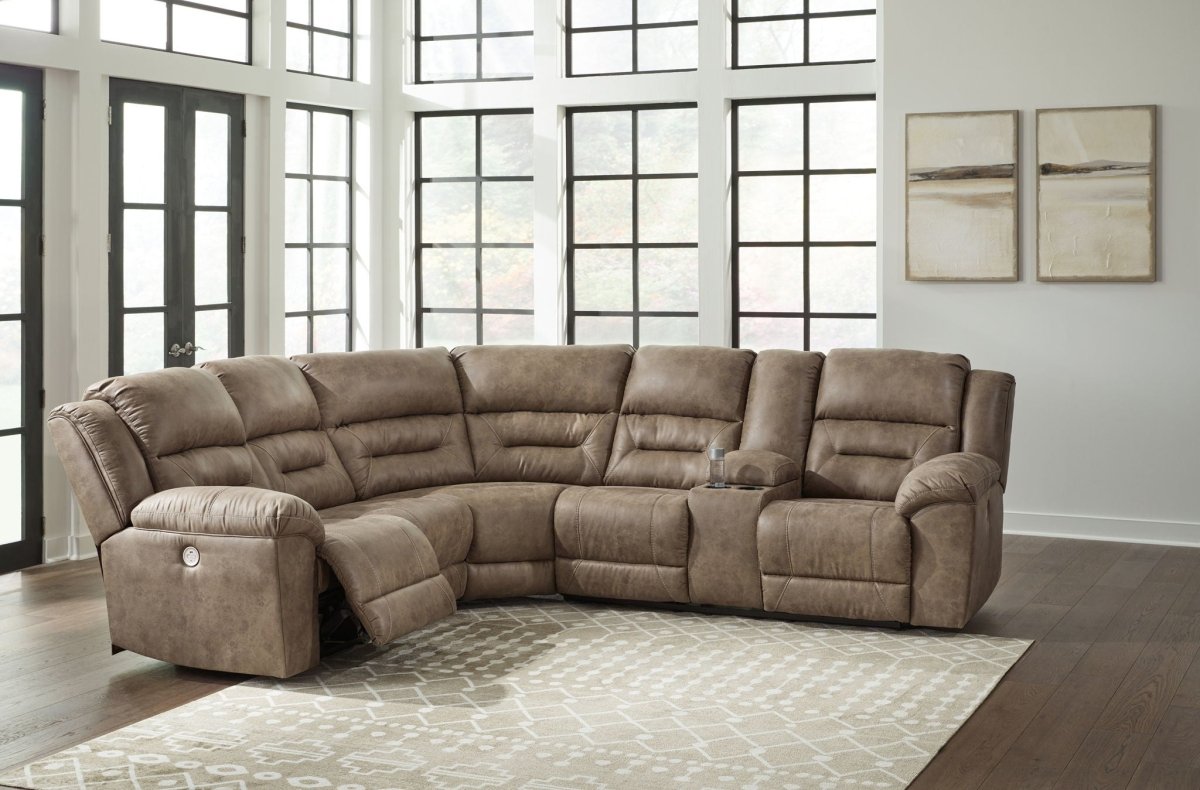 Ravenel - 3 - Piece Power Reclining Sectional With Raf Power Reclining Loveseat With Console - Faux Leather - Fossil Reclining Sectionals by Signature Design by Ashley® - Walls Furniture & Mattress