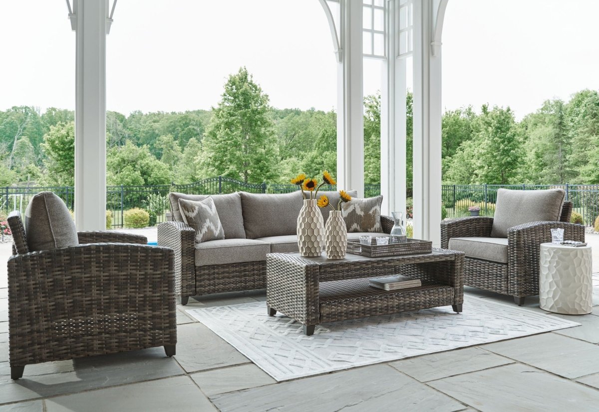 Oasis Court - Sofa, Chairs, Table Set (Set of 4) - Gray 4 Piece Outdoor Sets by Signature Design by Ashley® - Walls Furniture & Mattress