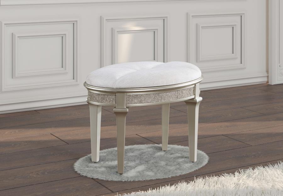 Evangeline - Upholstered Oval Vanity Stool Silver And Ivory - Silver Oak Vanity Stools by Coaster Fine Furniture - Walls Furniture & Mattress