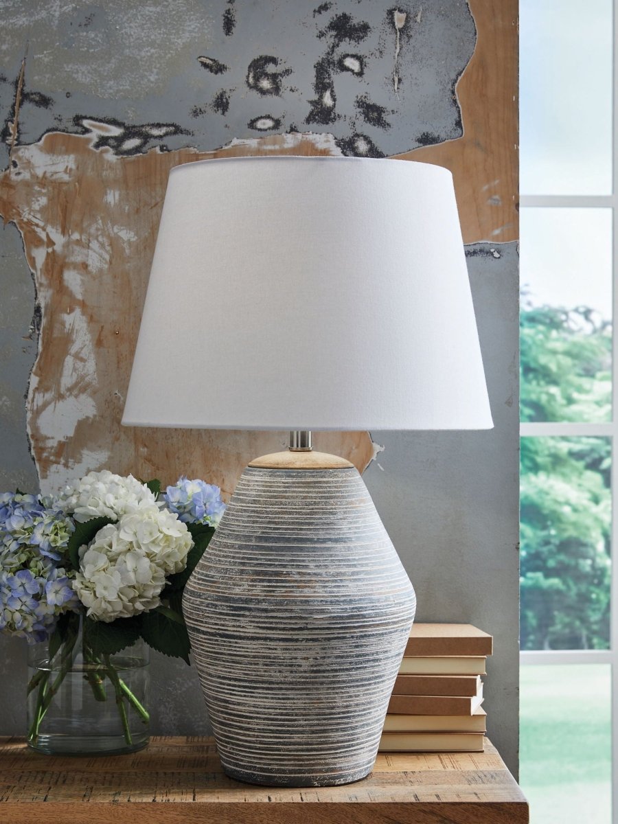 Lawrock - Antique Blue - Terracotta Table Lamp Table Lamps by Signature Design by Ashley® - Walls Furniture & Mattress